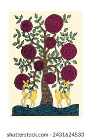 Enchanted Sanctuary: A Serene Madhubani Depiction of Deer in a Flourishing Forest. Madhubani painting, Deer, Nature.