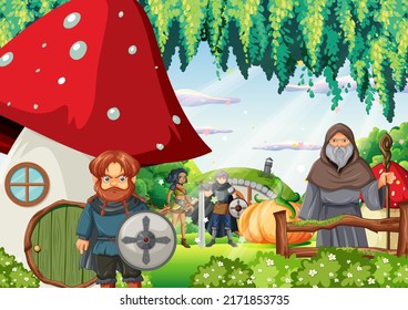 Enchanted scene with medieval cartoon characters illustration