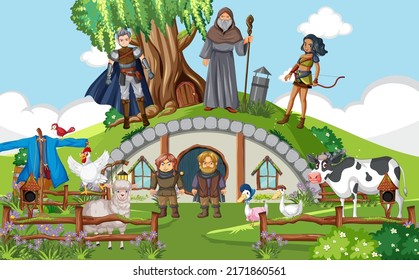 Enchanted scene with medieval cartoon characters illustration