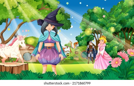 Enchanted scene with medieval cartoon characters illustration