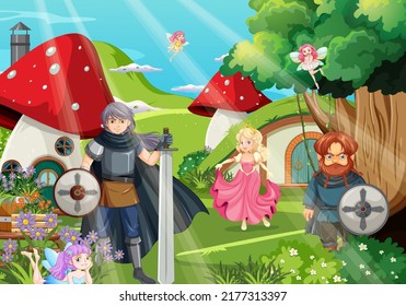 Enchanted scene with medieval cartoon characters illustration