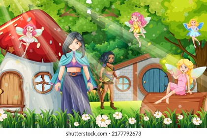 Enchanted scene with medieval cartoon characters illustration