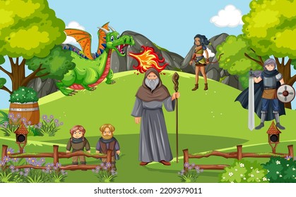Enchanted scene with medieval cartoon characters illustration
