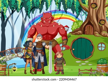 Enchanted scene with medieval cartoon characters illustration