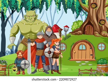 Enchanted scene with medieval cartoon characters illustration