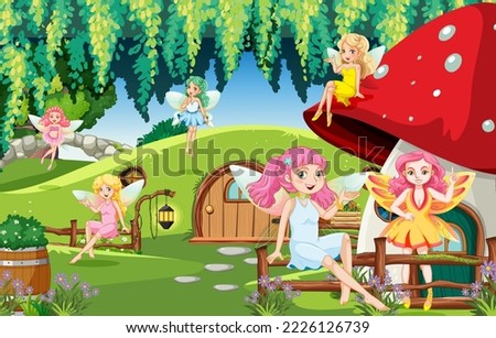Enchanted scene with medieval cartoon characters illustration