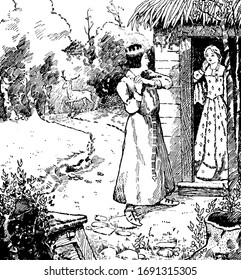 Enchanted Stag, this scene shows girl standing at the door and looking at  a man in crown standing in front of her, one deer in background, vintage line drawing or engraving illustration