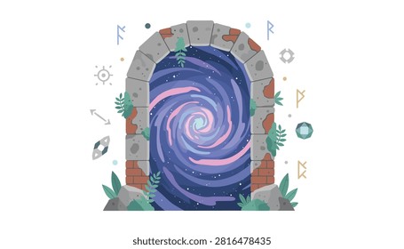 Enchanted stone archway portal featuring a swirling purple nebula space vortex and floating mystical runes and plants.