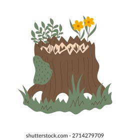 Enchanted Tree Stump Vector. Storybook forest object with mossy accents, whimsical fairy vibe, cozy nature illustration for fantasy designs
