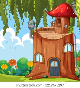 Enchanted tree trunk house illustration