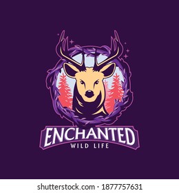 An enchanted wildlife logo in purple background. Suitable for many purposes like casual game, education, nature or wildlife and adventure logo, fantasy sci-fi book cover, as templates, etc.