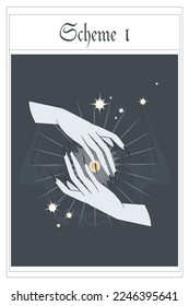The enchanted witch casts a spell. Alchemical transformations. Hands transformations. Fantasy hands.