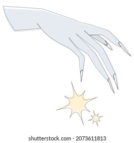 The enchanted witch casts a spell. Witch hand. 