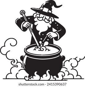 Enchanted Wizard Potion Making - Classic Line Art Vector