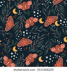 Enchanted Woodland Night - moth pattern on dark background with flora and stars. Colorful vector illustration.