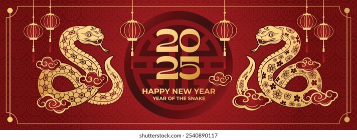 Enchanting 2025 Lunar New Year Celebration: Abstract Creative Snake Zodiac Design with Floral Motifs, Lanterns, and Red-Gold Elements. Artistic UI Background for Festive Marketing, Web Posters, and ..