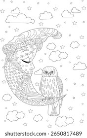 Encantadora página do livro de colorir adulto com uma lua crescente serena com um rosto místico e uma coruja sábia empoleirada sob um céu noturno cheio de estrelas e pontilhado em nuvens. Perfeito para relaxamento e arte-terapia.