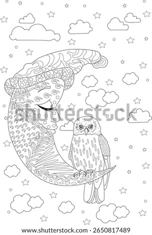 Enchanting adult coloring book page featuring a serene crescent moon with a mystical face and a wise owl perched under a star-filled, cloud-dotted night sky. Perfect for relaxation and art therapy.