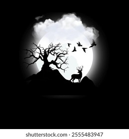 Enchanting artwork of a serene night featuring a silhouetted deer standing near a barren tree on a hill, illuminated by the glow of a full moon. 