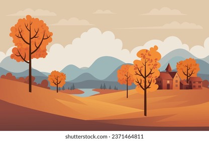 An enchanting autumn landscape, not AI. Rolling hills, vibrant fields, and a charming countryside village beneath a bright sky, perfect for banners and posters celebrating the harvest season