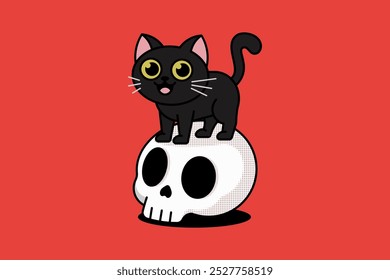 An enchanting black cat sits gracefully atop a skull, creating a captivating and eerie atmosphere. The contrast of the cat's sleek fur against the skull evokes a sense of mystery and intrigue.