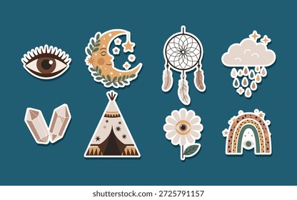 Encantadora colección bohemia con lunas celestiales, atrapasueños, cristales y tiendas de tipi