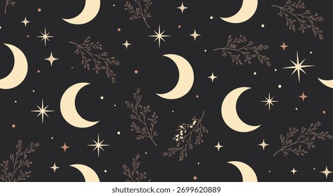 Enchanting bohemian pattern featuring golden crescent moons, shimmering stars, and artistic plant branches on a dark background.