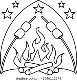 Encantador Acampamento Cena assando marretas sobre um fogo crepitante sob as estrelas, uma ilustração sã e alegre capturando a essência de aventuras ao ar livre