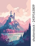 Enchanting Cartoon Castle Vector Illustration. Fantasy stories to life, castle design. Vector artwork majestic medieval castle perched atop a mountain, overlooking a sparkling lake