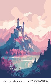 Zauberhafte Cartoon Schloss Vektor-Illustration. Fantasy-Geschichten zum Leben, Burgendesign. Majestätische mittelalterliche Burg auf einem Berg, mit Blick auf einen glitzernden See