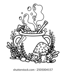 Enchanting cauldron bubbling with a magical potion, surrounded by mushrooms and plants. Halloween vector illustration 