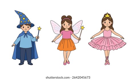 Enchanting Characters: A Wizard, A Fairy, and Ballerina Set in Whimsical Style