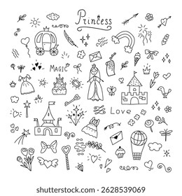Enchanting collection of hand-drawn princess doodles featuring castles, gowns, crowns, and magic motifs