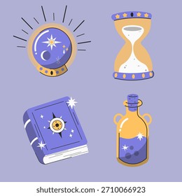 Una encantadora colección de objetos místicos que incluyen un orbe mágico, un reloj de arena, un libro de hechizos y una botella de poción. Estos artículos son perfectos para temas de fantasía, magia y lo desconocido.