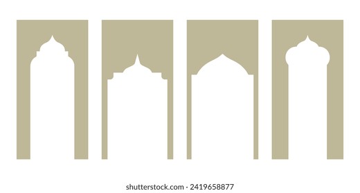 Enchanting Collection of Oriental Style Islamic Ramadan Kareem and Eid Mubarak Windows and Arches. Modern Design Featuring Doors, Mosque Domes, and Lanterns. Social media vertical template