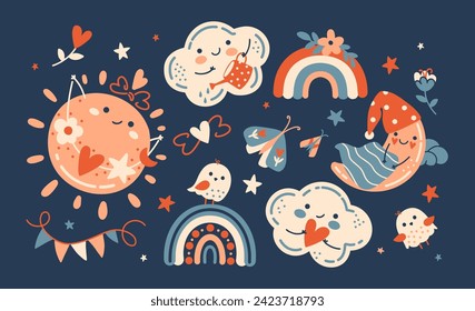 Enchanting and dreamy nocturnal baby nighttime collection. Whimsical hand-drawn elements. Sweet dreams clip art. Sleepy moon, sun and clouds. Nursery stickers, Scandinavian style playroom decor.