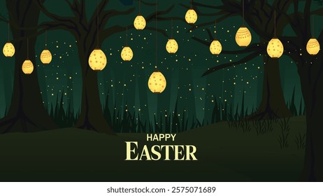 Enchanting Easter night scene with glowing lanterns hanging from trees amidst a dark, forest-like backdrop. Soft, magical lights fill the scene, creating a peaceful, serene atmosphere with the words '