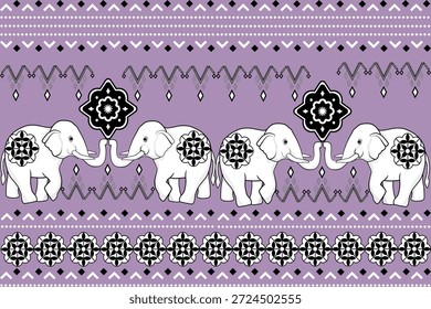 Enchanting Elephant Pattern: An eye-catching pattern design featuring a sequence of stylized elephants, seamlessly woven into an intricate repeat with geometric accents.