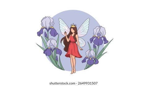 Enchanting fairy adorned with delicate wings poses gracefully surrounded by blooming irises and a soft blue circular backdrop