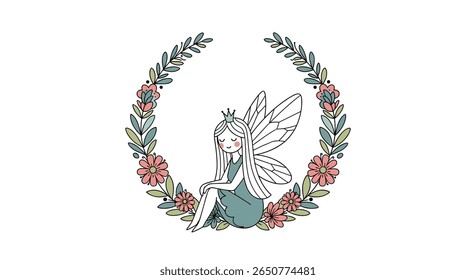 Enchanting fairy sitting within a delicate floral wreath illustration