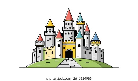 Enchanting Fairytale Castle Scene with Majestic Towers and Vibrant Spired Rooftops on a Rolling Green Hill