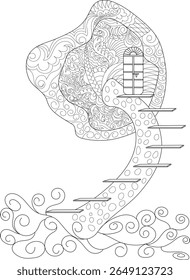 Encantadora ilustração de casa de cogumelos de fantasia com padrões intricados de zentangle e detalhes caprichosos, perfeito para livros de colorir adultos, projetos criativos das crianças e temas de conto de fadas.