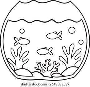 Enchanting Fishbowl Scene A Whimsical Black and White Illustration of Aquatic Life and Serene Underwater Flora An Ideal Coloring Page or Artistic Inspiration Showcasing Marine Beauty