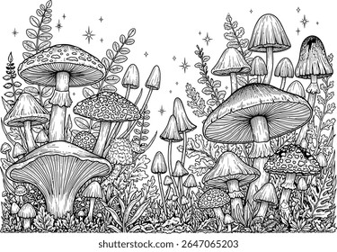 Enchanting Forest Floor A Whimsical Mushroom Gathering in Detailed Line Art