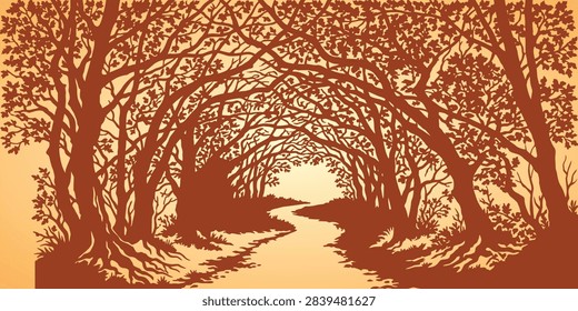 Enchanting forest path lined with arching canopy trees winding road woodland