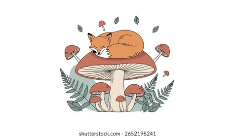 Encantadora cena de floresta adorável raposa dormindo em cogumelo cercado por samambaias e arte de fungos