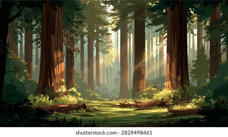 Enchanting Forest with Sun Rays Through Tall Trees