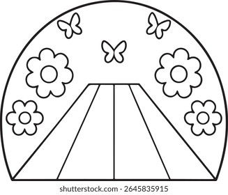 Enchanting Garden Gateway Awaits with Floral Accents and Butterflies. A Whimsical Scene of Nature's Embrace, Perfect for Coloring or Decoration. Serene, Simple, and Delightful Design for Creative Expr