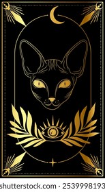 An enchanting golden illustration of a mystical cat with piercing eyes, adorned with celestial symbols and foliage, perfect for spiritual environments
