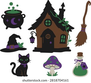 Enchanting halloween elements featuring a witch's hat, a bubbling cauldron with green potion, a magical mushroom, a witch's broom, a black cat, and a potion bottle. Creates a mystical and spellbinding atmosphere.